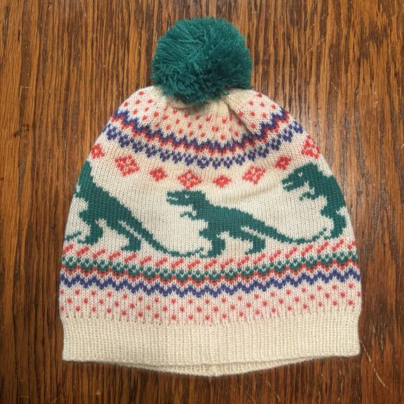 NEW Dinosaur Pom Pom Beanie Hat Toque Fair Isle Nordic Modcloth Kitschy Novelty - Picture 7 of 9